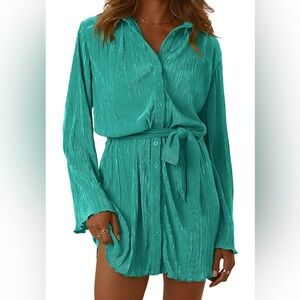 Women's Button Down Pleated Long Sleeve Mini Shirt Dress - Worn Once